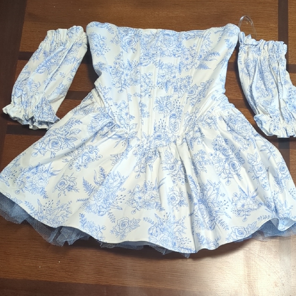 Blue Floral Off-Shoulder Dress with Sleeves